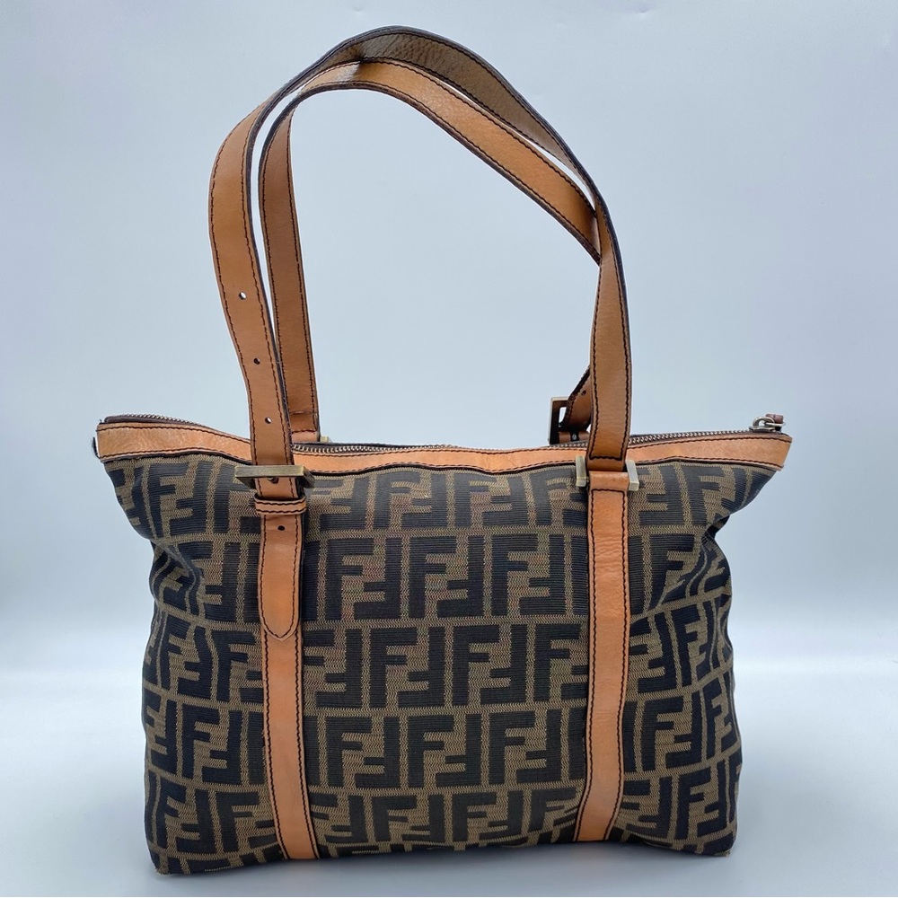 FENDI Zucca Canvas and Leather Tote Shoulder Bag
